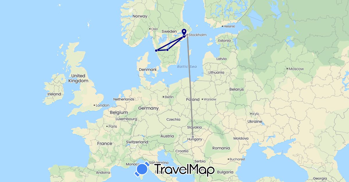 TravelMap itinerary: driving, plane in Hungary, Sweden (Europe)